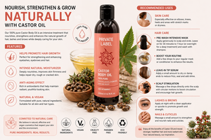 Aceite de Ricino de Marca Privada 200ml OEM |   Aceite 100% Puro para el Crecimiento del Cabello |   Suero para Pestañas y Cejas |   Vegano Natural |   Hecho en España, UE - Product Image 3