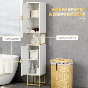 kleankin Bathroom Column with 2 Cabinets and <b>Shelf</b> in MDF and Steel, 30x30x170.7cm, White and <b>Gold</b> - Product Image 4