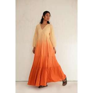 Robe maxi longue pour femme, dégradé orange, col en V, manches courtes, à volants, en coton, bohème, gothique, florale, été, évasée - Product Image 2