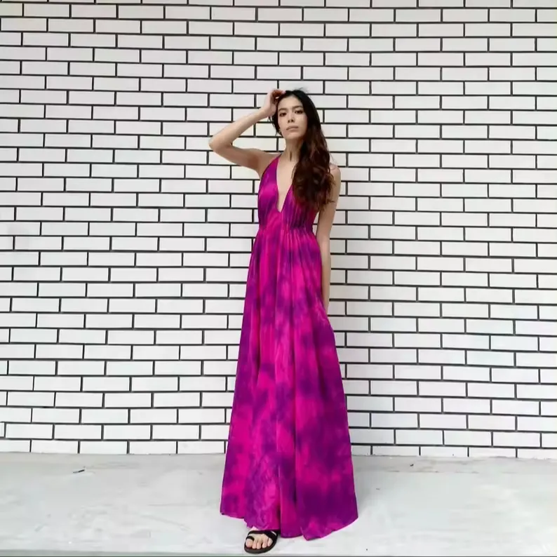 Kravat boya yaz Boho Hippie uzun Backless Maxi elbise gevşek uydurma v-boyun kravat boya Maxi kadınlar için el yapımı ürün