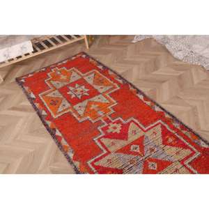 Alfombra Vintage, Alfombra Turca de 2.8x9.4 pies, Alfombra Persa de Lana Roja Marrón - Product Image 4