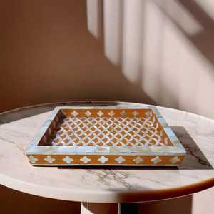 Juego de bandeja personalizada hecha a mano India para fregona con quemador Bakhoor, cabeza de esponja de poste de madera plana con incrustaciones de perlas madre modernas para uso en Ramadán - Product Image 3