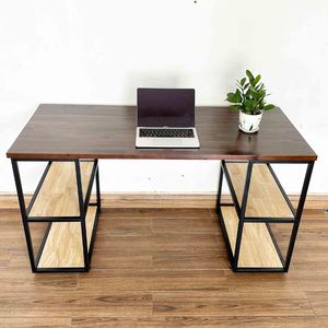 BD68091 <b>Foldable</b> Computer <b>Table</b> with Wooden <b>Legs</b> and Iron Frame Desk with Bookshelf and Storage for Office Use 140x60x75cm - Product Image 3