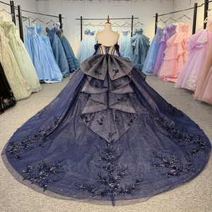 5799 Exclusive Navy Sweetheart <b>Crystal</b> <b>Ball</b> Gown Quinceanera Dress with Sleeve Beading Appliques Natural Waistline Print Party - Product Image 4