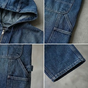Ensemble de survêtement en jean délavé imprimé vintage coupe ample pour homme, avec surpiqûres contrastantes blanches, 100 % coton écologique, style charpentier - Product Image 5