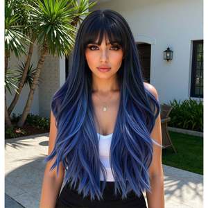 Perruque Synthétique DWY de Haute Qualité, Longue Ondulée Bleu Brume avec Boucles Naturelles, Dentelle Transparente, Fibre Résistante à la Chaleur, Frange Courte - Product Image 1