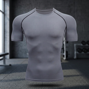 Men's Gray Short Sleeve Compression <b>Shirt</b> Quick Dry Slim Fit Sporty O-Neck Knitted <b>Polyester</b> <b>T</b>-<b>Shirt</b> - Product Image 3