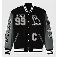 Veste bomber universitaire Gretzky OVO Great One, vintage, entièrement boutonnée, corps en laine, manches en cuir véritable, taille plus, tricotée