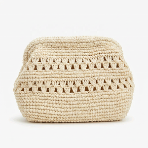 Bolso de Mano de Ganchillo para Mujer, Estilo Bohemio, Verano, Parte Superior Abierta, Bolso de Paja Hecho a Mano con Correa de Cuero - Product Image 1