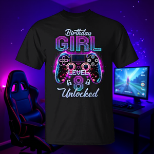 T-shirt Gamer Girl Level 8 Unlocked, regalo di compleanno per la ragazza di 8 anni che ama i videogiochi - Product Image 3