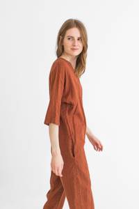 Sweet Style Loose Linen Jumpsuit with <b>Belt</b> Summer Romper V-Neck <b>Pockets</b> and Buttons Relaxed Bodysuit with Woven Weave - Product Image 3
