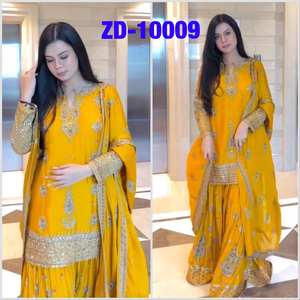 LANZAMIENTO NUEVO DISEÑADOR FESTIVE WEAR SHARARA PALAZZO TELA PURA SEDA CHINON CON LACE DE TRABAJO EN LA FRONTERA - Product Image 1