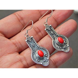 Pendiente de Coral de Plata de Ley 925 con piedras preciosas, joyería de cristal fino hecha a mano, artículo de regalo para niñas y mujeres - Product Image 1