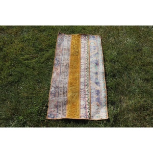 Vintage Rug, 1.7x3.2 ft Turkish Rug, Blue <b>Yellow</b> Abstract <b>Wool</b> Rug - Product Image 1