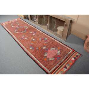2.9x10.1 ft Vintage <b>Runner</b> Rug, <b>Red</b> Orange Turkish Floral Wool Rug - Product Image 3