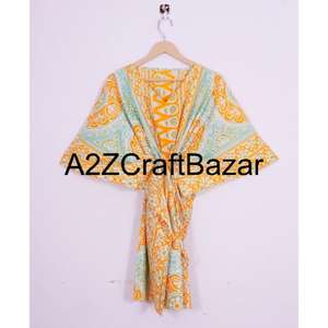 Robe kaftan mi-longue à manches courtes et col en V 100% coton, volants, imprimé floral bohème, coupe régulière, respirante, pour les fêtes d'été - Product Image 1