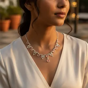 Collier en argent 925 pour femmes, bijoux en pierre de quartz rose tendance - Product Image 1