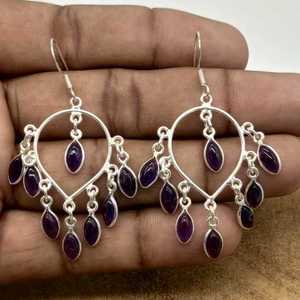 925 Sterling <b>Silver</b> Multi-Stone Amethyst Earrings Cluster <b>Hoops</b> Earrings For Women At Factory Price - Product Image 2