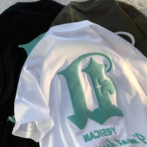 เสื้อยืดผ้าถักแขนสั้นสำหรับผู้ชายเสื้อวินเทจรุ่นโอเวอร์ไซส์3D สกรีนโลโก้ - Product Image 1