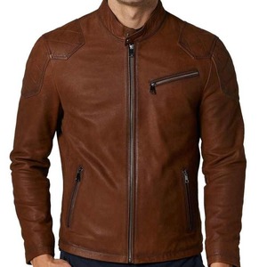 Chaqueta de motorista de cuero marrón con estilo para hombre, camisa estilo cuello y puños, dobladillo abierto, chaqueta de cuero totalmente personalizada para hombre - Product Image 1