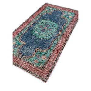 Tapis en laine bleu vintage noué à la main pour la maison - Idéal pour salon, couloir, entrée, chambre d'adolescent - Motif médaillon rectangulaire abstrait - Product Image 2