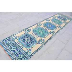 Alfombra Turca de 2.9x11.5 pies, Alfombra Vintage, Alfombra de Lana Azul con Diseño de Patchwork - Product Image 3