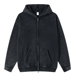 เสื้อฮู้ดดี้ปักลายหรูหรา สไตล์สตรีทแวร์ ผ้าฟลีซ วินเทจ ทรงโอเวอร์ไซส์ ล้างสีแบบแอซิดวอช สีซีดจางแบบซันเฟด แต่งดีเทลขาดๆ แบบดิสเทรส ซิปหน้า - Product Image 1