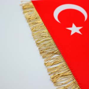 Digital Print Crystal Satin Double Sided Triangle Cut Gold Fringed Trkiye Flag <b>Banner</b> - Product Image 4