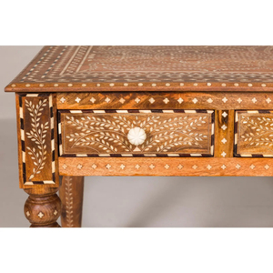 Console d'entrée faite à la main avec 3 tiroirs, design classique, incrustation d'os, bois de teck recyclé, finition naturelle pour la chambre à coucher, décorative - Product Image 4