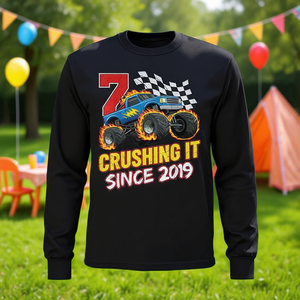 Maglietta a maniche lunghe Monster Truck per il compleanno di un bambino di 7 anni, per la festa di sette anni, nato nel 2019, regalo promozionale - Product Image 3