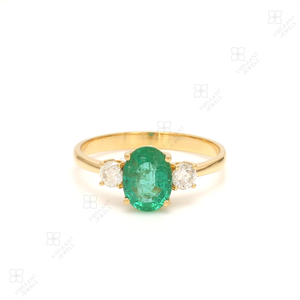 1.00Cts Esmeralda zambiana natural Anillo de tres piedras con diamante redondo 14K Oro sólido Acabado de alta calidad Anillo de lujo fino de piedras preciosas - Product Image 1