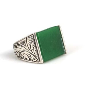 925 Sterling Silver Men's <b>Ring</b> with Green Agate Gemstone Vintage Bezel Setting Everyday Wear Jewelry - Product Image 2