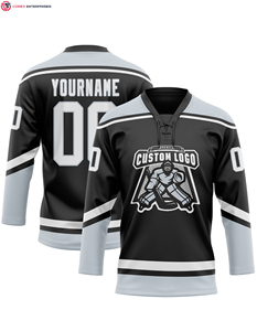 Jersey de cuello de encaje de hockey blanco-negro naranja personalizado Servicio OEM para ropa de hockey sobre hielo - Product Image 1