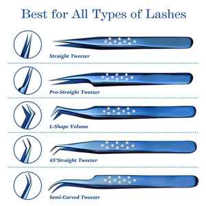 Pinzas de belleza de grado quirúrgico para extensión de pestañas Juego de pinzas de pestañas de punta recta en forma de L curvada recubierta de Titanio azul - Product Image 5