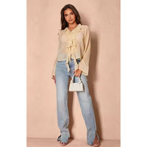 Usine directe Beige en mousseline de soie à volants avant robe été décontracté à manches longues décolleté plongeant confortable tous les jours fête lavable - Product Image 1