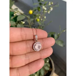 925 Silver Link <b>Chain</b> Necklace Rose Quartz Gold Plated for Gift Engagement Party Featuring Religious Style <b>Copper</b> Wood Main - Product Image 3