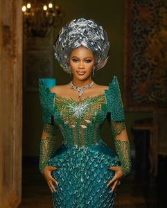 Verde Esmeralda con cuentas Asoebi hasta el suelo sirena silueta vestido de noche Gele Headwrap corsé corpiño malla transpirable - Product Image 3