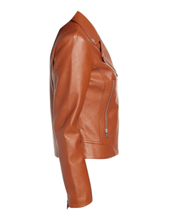 Blouson de moto en cuir véritable pour femme marron Manches longues Imperméable Coupe-vent Fermeture éclair Avant uni Teint en cuir de vache daim Automne - Product Image 3