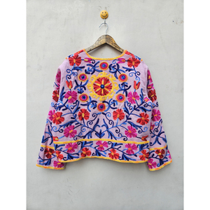 Indian Handmade Quilted <b>Women's</b> Winter Jacket Unique Bohemian Style Vibrant Floral Design Suzani Embroidery Breathable Stripe - Product Image 6