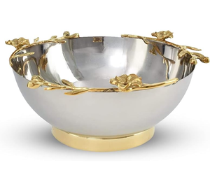 Bol en acier inoxydable Design durable Bol en acier de conception de jante de tige de fleur et de feuille décorative faite à la main - Product Image 1