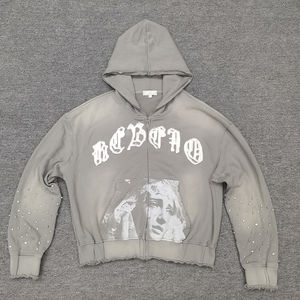 เสื้อฮู้ดดี้ครอปทรงโอเวอร์ไซส์สำหรับผู้ชาย พิมพ์ลาย DTG แต่งลายปักแบบดิสเทรส ฉีดสีสเปรย์ สไตล์สตรีทแวร์ ประดับคริสตัล ซิปหน้า - Product Image 1