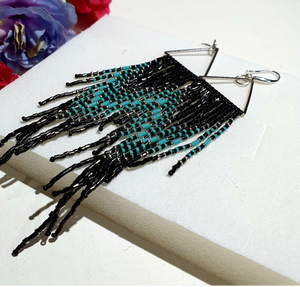 Long Fringe <b>Earrings</b>/Silver Tone Triangular Beaded <b>Earrings</b> .5 Inches Long Japanese Seed Bead <b>Turquoise</b> Black and Silver Color - Product Image 1