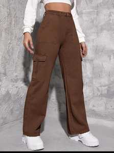 Venta al por mayor de pantalones vaqueros rectos de pierna ancha informales de cintura alta para mujer en Europa, pantalones cargo con bolsillos, ropa informal lavada, pantalones vaqueros marrones oscuros personalizados - Product Image 3