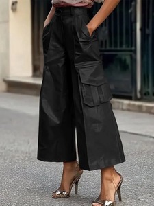 Pantalones urbanos ligeros de cintura alta a la moda informal de otoño 2025 para mujer, pantalones holgados de PU sintética de pierna ancha de Color sólido con bolsillos - Product Image 5