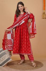 Ensemble Kurti et pantalon en rayonne rouge imprimée, style indien, avec dupatta, pour femme, entièrement cousu, tenue décontractée - Product Image 2