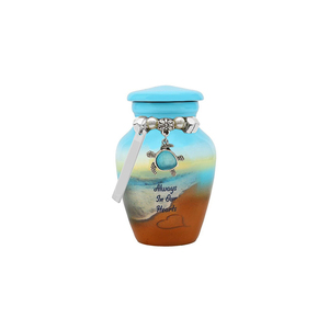 Urne funéraire avec motif océan, base marron, couvercle bleu, pendentif « Toujours dans nos cœurs », décorative, taille adulte - Product Image 1