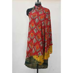 Red and Yellow <b>Floral</b> Boho Hippie Silk Saree Wrap Ankle-Length <b>Skirt</b> for Women Vintage Style with Natural Waistline for Summer - Product Image 5