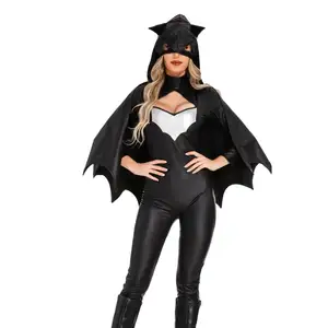 Bat cosplay trang phục Masquerade người phụ nữ màu đen ác trùm đầu dài tay áo jumpsuits Romper với cánh Halloween ưa thích BAT