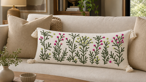 Funda de Cojín Lumbar Bordada a Mano con Flores Silvestres de Algodón, con Borlas en las Esquinas, Funda de Almohada Larga Botánica para Decoración de Sofá - Product Image 1