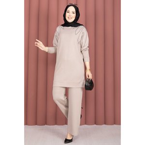 Ensemble deux pièces décontracté beige pour femme : tunique et pantalon avec détails ornés de pierres sur les épaules, taille XS - Product Image 1
